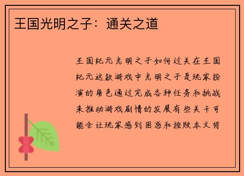 王国光明之子：通关之道