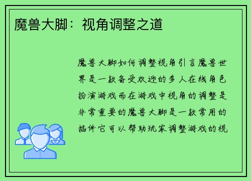 魔兽大脚：视角调整之道